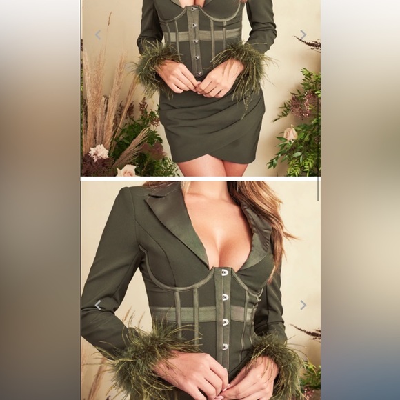 Lavish Alice Corset Mini Dress Feather Trim in Khaki - Picture 4 of 9